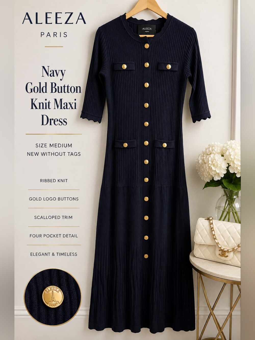 Aleeza Paris Navy Gold Button Ribbed Knit Maxi Dress – Size Medium – NWOT